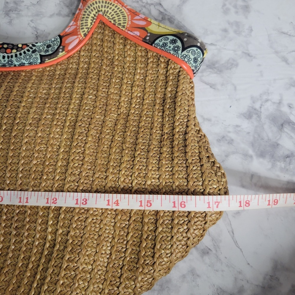 Vera Bradley Straw Tote Bag Tan Woven Floral Trim Orange Braided Handles Boho - Picture 11 of 12